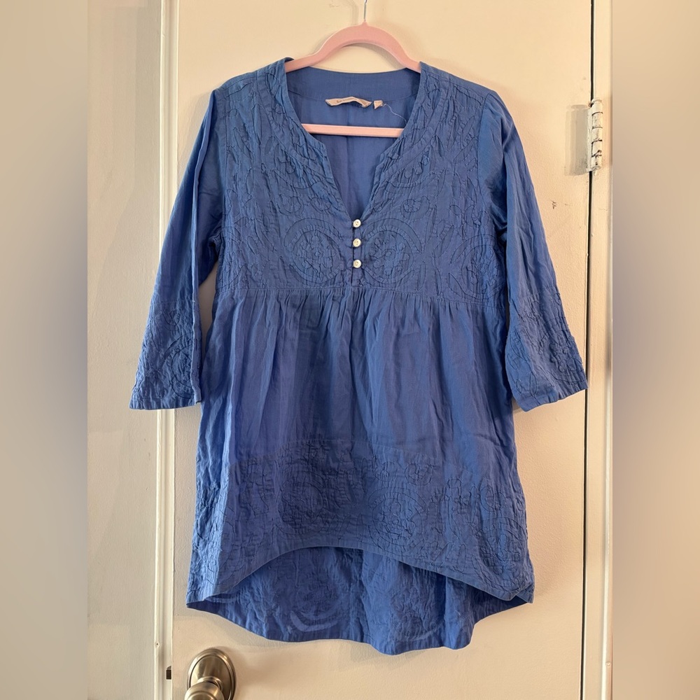 Soft Surroundings Blue Embroidered Tunic Top/ dress/coverup thin S